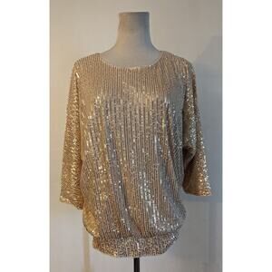 New Jasambac sz S Cold Shoulder Sequin Top gold sparkle blouse Y